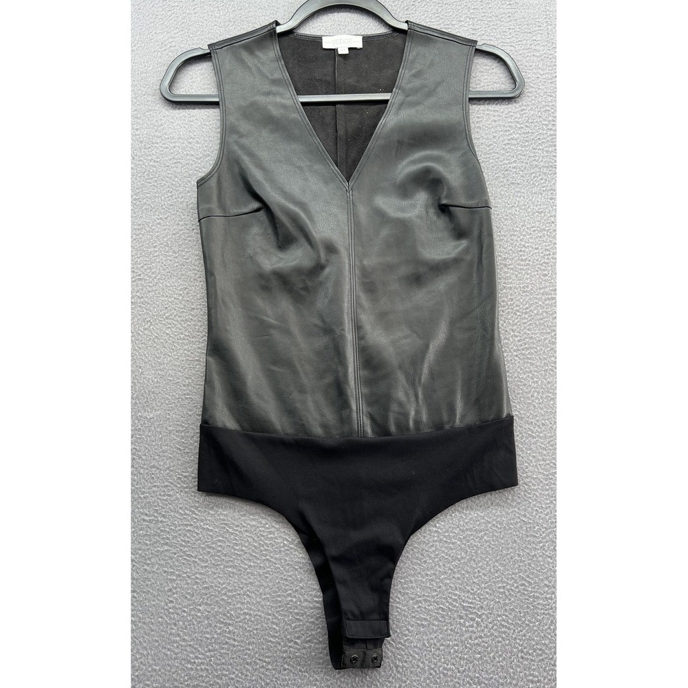 S'EDGE Bodysuit Womens XS Black Faux Leather V-Neck Bodysuit Sleeveless Thong